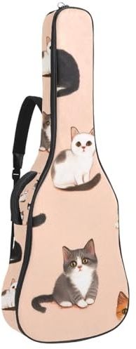 KengjuTesu 43 Zoll Akustikgitarre Softcase mit Rucksackgurt und 2 Taschen Katzen und Herzen Rosa, Keine Polsterung Rucksack Wasserdicht Oxford Tuch Bassgitarre Gigbag für Konzertgitarre, Mehrfarbig 1