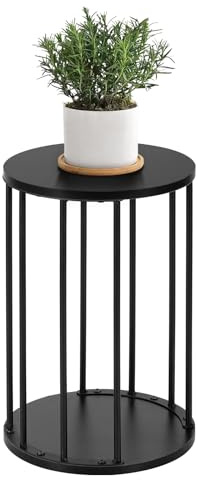 HDANI Soporte Redondo para Plantas de Metal de 45 cm,Soporte para Flores Sólido y Robusto para Salón,Jardín,Balcón,Taburete para Flores de Madera,Negro