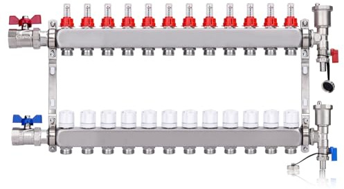 12 cicli di pompa di calore | Distributore per ciclo pompa di calore con valvole a sfera da 1 | Riscaldamento a pavimento con sfiato manuale, misuratore di flusso | Connessioni per Eurokonus 3/4 | 30