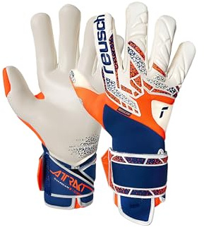 Reusch Attrakt Gold X Guardian griffige Torwarthandschuhe Herren und Frauen Fußballhandschuhe für Erwachsene geeignet für alle Wetterbedingungen und Spielfeldoberflächen, orange-blau, 7,5
