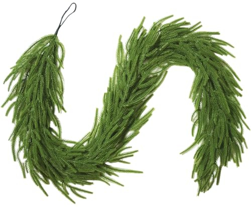 Kinisty Christmas Norfolk Pine Garlands 6FT Artificial Greenery Pine Garland Green Faux Winter Garland for Christmas Table Fireplace Stairs Mantle Wall Home Decoration