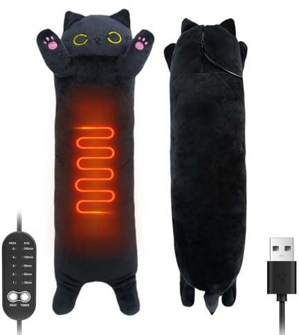 KBIBCK Elektrisches Heizkissen zur Schmerzlinderung in der Periode, 50 cm langes Katzen-Plüsch-Körperspielzeug, USB-betriebenes Menstruations-Heizkissen, schwarze Katze, Stofftiere, weiche