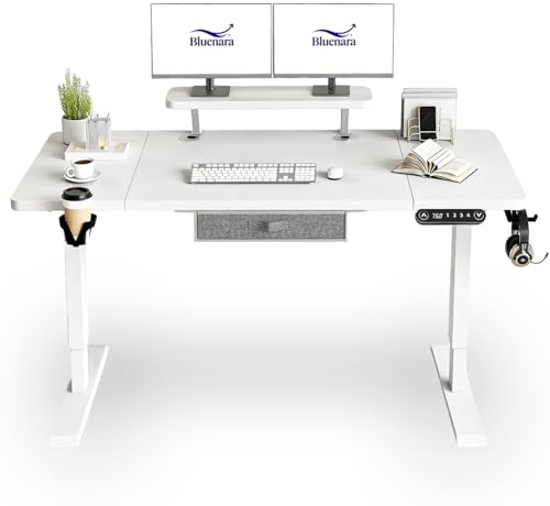 Bluenara – höj- och sänkbart skrivbord elektriskt med LED-display och monitorstativ, 160 x 76 cm ståbord – höjdjusterbart bord för hemmakontor, vitt