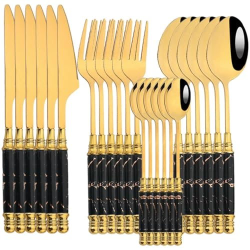 Service de Table en Acier Inoxydable, 24/30 pièces, Couteau, Fourchette, cuillère à thé, Couverts en céramique (Noir et Or, 24 pièces)