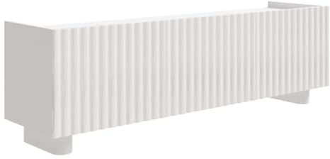 Selsey Mueble TV de Tres Puertas, 144 cm, Blanco Brillante Muebles de Salón Modernos con Frentes Acanalados y Sistema Push-to-Open, Mueble TV Salón con Compartimentos y Pasacables