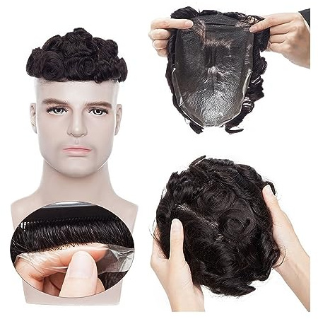 Für Männer Herren-Kapillarprothese, 0,02–0,03 mm, ultradünne Haut, PU-Basis, Herren-Toupet, 15,2 x 20,3 cm, Haarsystem-Einheiten, 90 % Dichte, gewelltes indisches Echthaar Perückenkopf