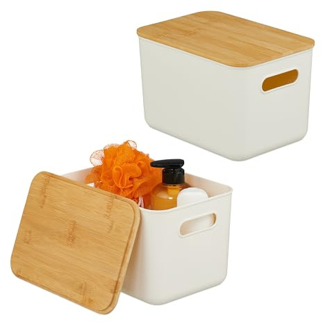 Relaxdays Set de 2 Cajas de Almacenamiento con Tapa y Asas, plástico y bambú, 16x26x17,5 cm, Blanco