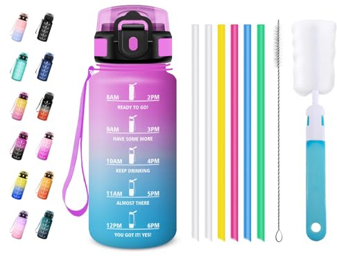 JAPORIA Bouteille 500ml, Gourde Sport avec Paille, Motivation Bouteille Marqueur de Temps, Étanche & Réutilisable, pour l'École, Bureau, Randonnée