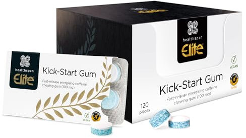 Healthspan Elite Caffeine Chewing Gum (120 Pieces) | 100mg Fast-Release Caffeine Per Gum | Energy | Informed Sport Accredited | Mint Flavoured | Vegan