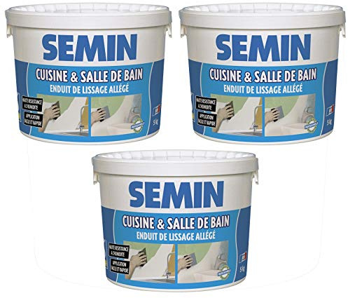 SEMIN Enduit de Finition Pièces Humides- 3 x 5 kg – Enduit Allégé Hydro Prêt à l’Emploi – Haute Résistance à l’Humidité – Murs & Plafonds Salle de Bain Cuisine – Avant Peinture & Revêtement Mural