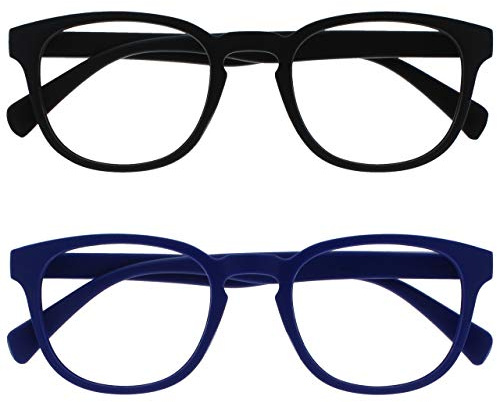OPULIZE Pop Gafas de Lectura Pack de 2 Redondas Negro y Azul Mate Satinado Bisagras con Muelle Resistentes a los Arañazos Hombre Mujer RR2-13 +2.00