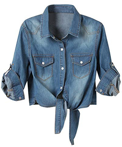 De feuilles Damen Jeanshemd 3/4 Ärmel Jeansbluse Bluse Baumwolle Krawattenknoten Button-down Shirt Sommer Blau Jean Oberteile