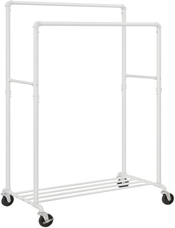 SONGMICS Stand Appendiabiti a Doppia Barra, Struttura in Metallo, 59 x 100 x 162 cm, con Ripiano Portaoggetti e Rotelle, 2 Ruote con Freni, Portata fino a 110 kg, Bianco HSR060W01