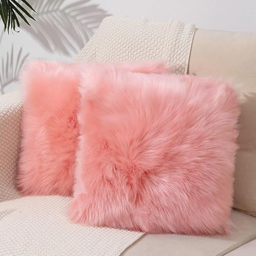 linmopm Kunstfell Schaffell Quadratischer Kissenbezug 2er Set Super Weich Flauschiges Kissen Fuzzy Kissen Neue Luxus-Serie für Wohnzimmer Couch Sofa Bett Home Decor Stuhlkissen (Rosa)