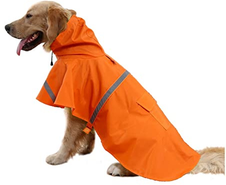 Verstellbarer großer Hunde-Regenmantel mit Streifen, reflektierend, wasserdichte Haustier-Regenjacke, Kapuzenpullover, Poncho, für große und mittelgroße Hunde (Orange, XL)