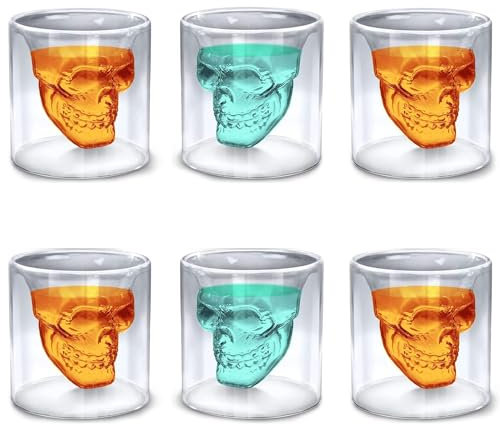 Copas de Whisky con Diseño Cranio, 6 Pieza Sorbete Cristal Cranio, Cálizes de Halloween, Sorbete con Forma Cranio, Skull Sorbete para Licores, Whisky, Vodka, Celebraciones, Halloween (25ML)