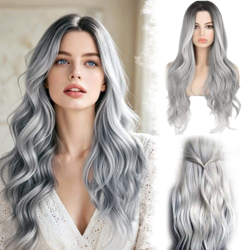 Grau Ombre Perücke Damen Lang, 27 Zoll Silber Grau Lang Lockig Perücke für einen Atemberaubenden Look | Ombre Grau Lang Wellig Perücken Perfekt für Halloween, Karneval, Cosplay & Tägliche Mode