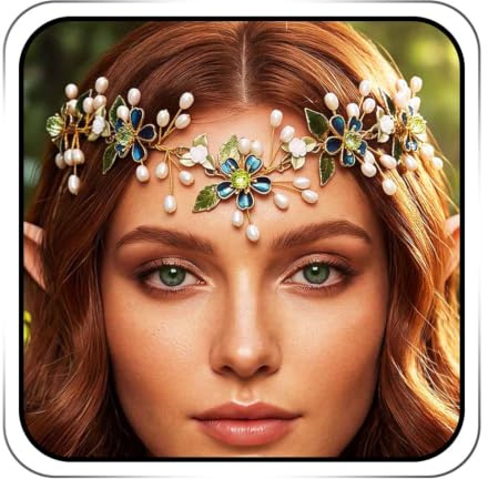 IYOU Blume Fee Krone Grün Elf Haarschmuck für Damen | Perlen Hochzeit Stirnband Blatt Braut Brautjungfer Tiara für Erwachsene
