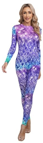 iiniim Damen Meerjungfrau Kostüm Fischschuppen Jumpsuit Langarm Body Overall Ganzanzug Badeanzug Karneval Faschingskostüm Aa Dunkel Lila A XL
