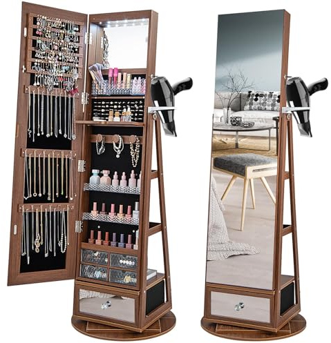 RELAX4LIFE Schmuckschrank 360° drehbar, 4-in-1 Spiegelschrank mit LED-Lichts & Schubladen & Regalen Schmuckaufbewahrung Ganzkörperspiegel, Schmuckständer abschließbar (Braun)