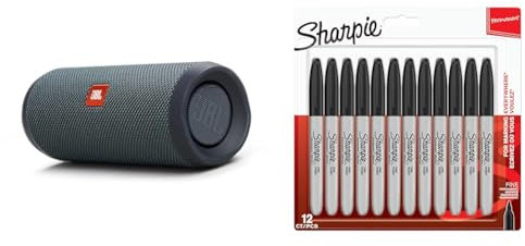 JBL Flip Essential 2 Portable Bluetooth Speaker with Rechargeable Battery, IPX7 Waterproof & Sharpie Permanent Markers | Fine Point for Bold Details | Black Ink | 12 Marker Pens
