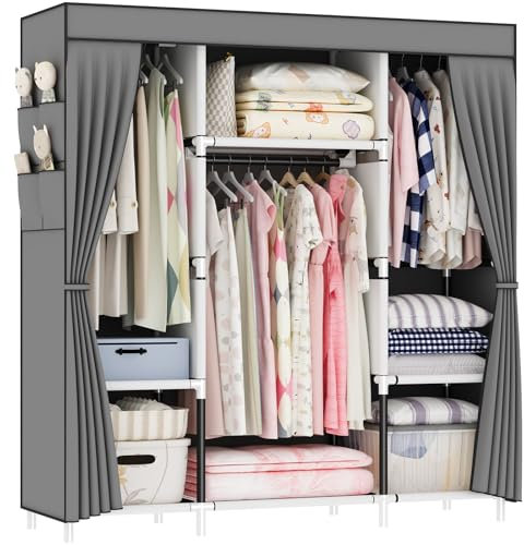 OPPAIYA Canvas Wardrobe, Open Wardrobe With 3 Hanging Rails, 3 Compartments and 8 Side Pocket Fabric Wardrobes, Zippered Foldable Closets, 175 x 150 x 45 cm, Portable Wardrobes for Bedroom