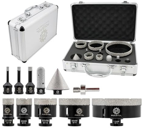 Diamond Core Drill Bit Set - FOCSTOL 11pcs (6/8/10/25/35/50/68/110mm+20mm Finger Milling Bit+50mm Beveling Chamfer Bit+Hex) Diamond Hole Saw Kit for Porcelain Ceramic Tile Marble Granite