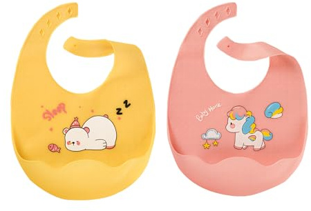 DHWEKU Bavoir Bébé En Silicone Souple Et Imperméable, 2 Pièces Avec Tour De Cou Ajustable, Facile À Nettoyer Pour Bébés Et Jeunes Enfants (Jaune, Rose)
