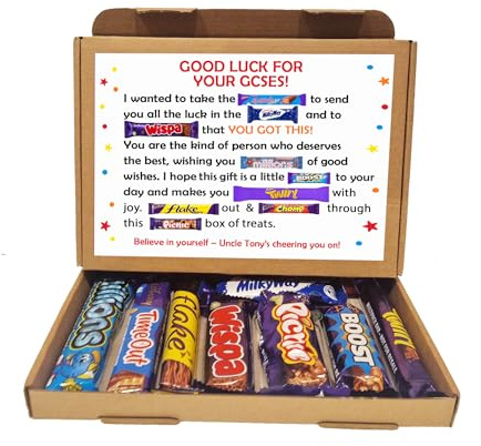 Personalised Exam Good Luck Treat Box/SATS/GCSES/A Levels / 11+ Good Luck Treat Letterbox Gift Hug in a Box Chocolate Poem Unique (GCSE's, Me/I)