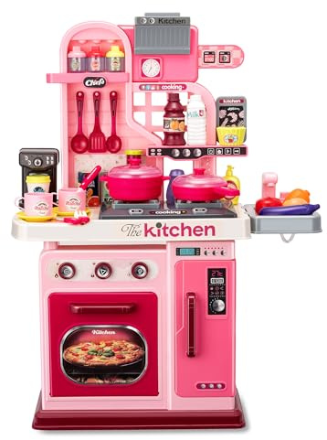 Kids Kitchen Playset-53pcs Cooking Stove,Paly Sink,Oven,Kitchen Toys with Realistic Lights&Sounds，Pretend Play Toys,Kitchen Toys for Toddlers 1 2 3 (Pink)