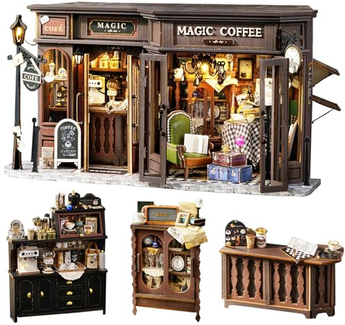 Spilay DIY Miniatur Haus Bausatz mit Holzmöbeln, DIY Puppenhaus Bausatz mit staubdichter Abdeckung und LED, Maßstab 1:24 kreativ für Frauen Freundin (Vintage-Café) | DIY Miniature House mit LED-Licht, 3D Puzzle für Erwachsene, Miniatur Bausatz, Regal Deko Geschenk