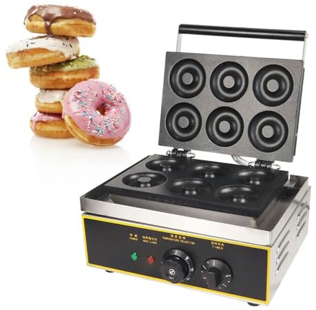 JDQTPOET Macchina per Ciambelle Elettrica da 1500 W, Macchina per Waffle Riscaldante Fronte-Retro Commerciale a 6 Fori, 50-250 ℃, Timer 0-5 Minuti, Superficie Antiaderente, per Panetteria Aziendale