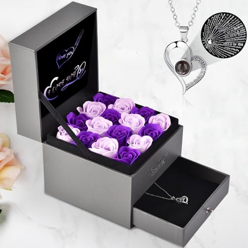 PatNlevs Kunstrosen Set mit 16 Ewige Rose und Halskette Frauen, Mütter, Ehefrauen - Zum Geburtstag, Valentinstag, Muttertag, Jahrestag und Weihnachten (Lila)
