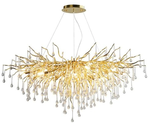 Lampadario moderno in cristallo, illuminazione rettangolare con rami dorati, grande lampada a sospensione per isola da cucina, con gocce di pioggia smerigliate, per soffitti alti, sala da pr