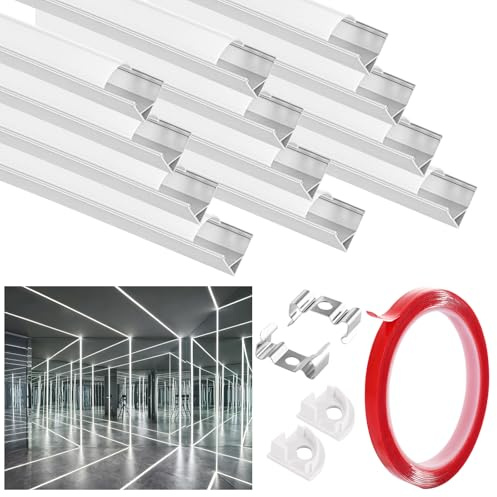 FWEEK Paquete de 20 canales LED, perfil de aluminio LED de 6 m y tira difusora LED con cinta adhesiva de 19 mm, cubierta de luz LED con cubierta blanca, tapas de extremo y clips de montaje