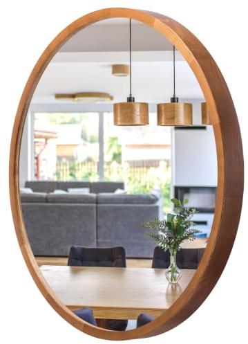 Wandspiegel mit Holzrahmen (∅57 cm) - Spiegel Rund Holz Rustikal - LEJA | Massivholz, Einfache Montage, EU-Produktion, 4 mm Spiegelglas, Sicherer Metallhaken, Pflegeleicht