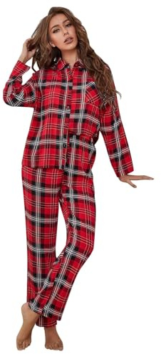 Pyjamas Femmes Longue Pyjama Femme Pyjama à Carreaux Femme Coton Ensemble deux Pièces pour Femmes Pyjama D'Automne et D'Hiver