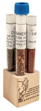 Jaguar, Chocolate, Carolina Reaper y chile Arbol en un cubo de madera con 4 bombillas 6gx2g+2g+2g.