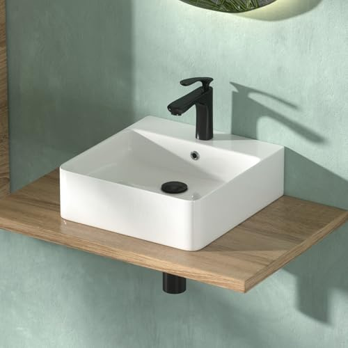 CASAMO Waschbecken klein, Aufsatzwaschbecken, Handwaschbecken klein Gäste WC, Waschplätze Bad quadratisch, 40 x 42 x 13 cm, weiß hochglanz