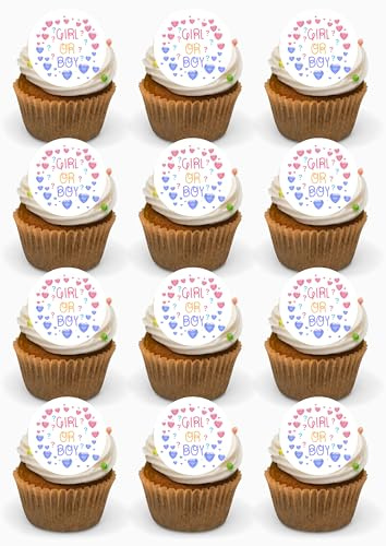24 x Gender reveal PRECUT edible rice wafer card cupcake toppers cake decorations boy or girl he or she celebration