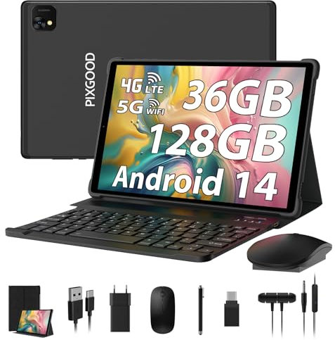 PIXGOOD Tablet 10 Pulgadas 4G LTE y 5G WiFi, Android 14.0 Octa-Core, 36GB RAM, 128GB ROM (1TB Ampliable), INCELL 1980 * 1200, 13MP+8MP, Tablet con Teclado etc, GPS/Bluetooth (Negro)
