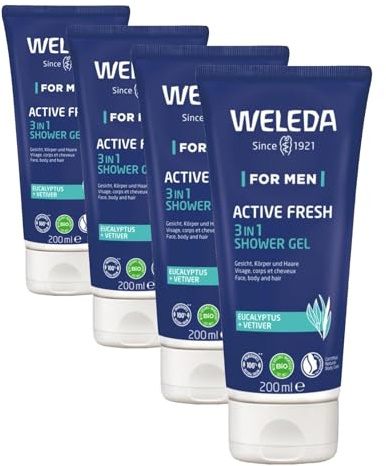 WELEDA - Gel Douche énergisant 3en1 Active Fresh Pour Homme- Rafraîchit et dynamise - Pour un réveil dynamique et un moment de rafraîchissement intense - Natrue* - Vegan*** - 200 ml (Lot de 4)