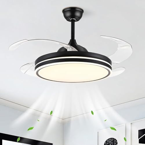 LED Ventilatore Da Soffitto Con Luce E Telecomando Silenzioso E Dimmerabile Lampadario Ventilatore Retrattile Reversibile 6 Velocità Plafoniera Con Ventilatore Smart Moderno Grande-Nero||105cm