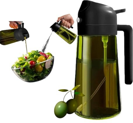 Genérico Dispensador de Aceite y Vinagre 2en1, Botella de Vidrio Oscuro 470ml, Pulverizador con Boquilla Antigoteo, Protección Solar