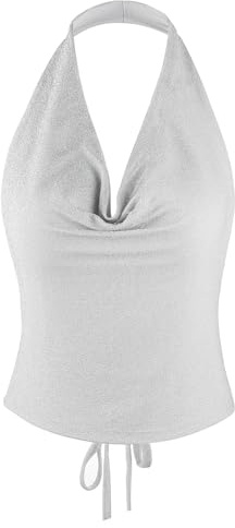 Women Sexy Sparkly Halter Tank Top Sleeveless Backless Camisole Vest Bra Crop Y2k Summer Glitter Corset Tops Slim Fit Ladies Cami Outfit Vest Punk Costume Outfit for Rave Concert Clubwear Silver