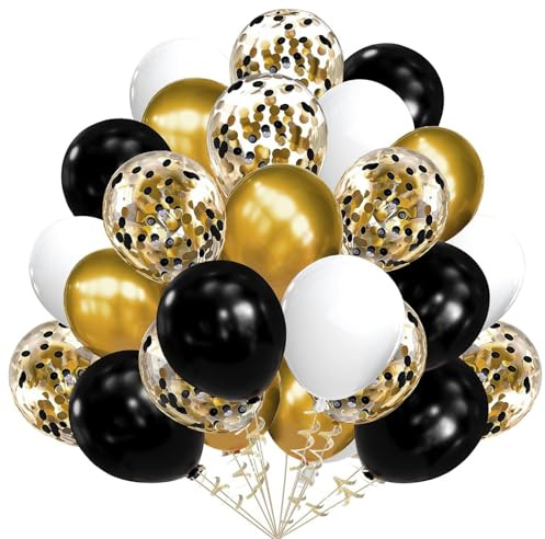 60 Stück Luftballons Schwarz Gold, 12 zoll Schwarz Weiß Latex luftballons Gold Metallic luftballons Schwarz Gold Konfetti luftballons für Geburtstag, Hochzeit, Babyparty Dekoration(BK+GD)