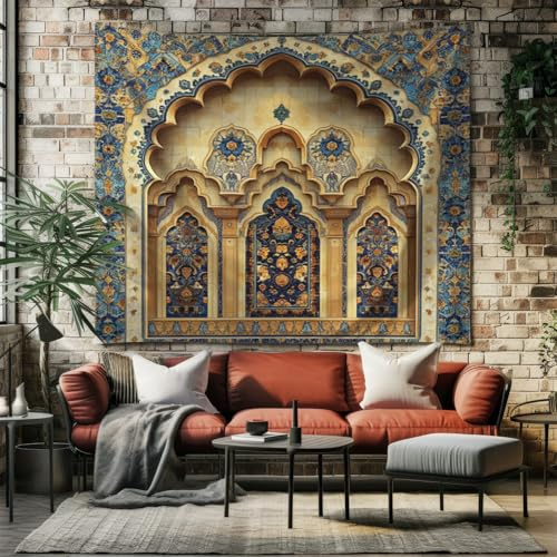 SKOEUI Wandteppich Gold Wandtuch Wandbehang 150x130 cm | Marokkanische Bogentür für Schlafzimmer Wohnzimmer Dorm Decor Wandteppiche