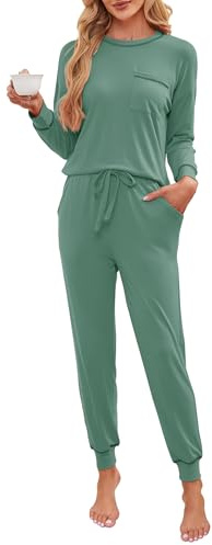 Namatime Pigiama da donna lungo in cotone, set completo di biancheria da notte, maglietta a maniche lunghe T-shirt e pantaloni da pigiama con tasche, verde, S