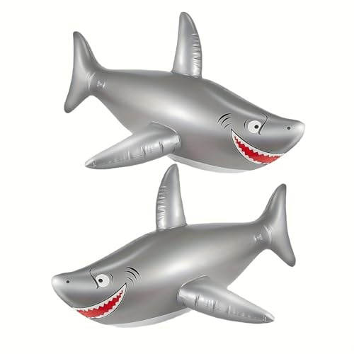 2 Pcs Inflatable Pool Toys 43.31(110 Cm) Shark Pool Tube, Inflatable Pool Float Durable Pvc Water Toy, Realistic Sharks Inflatables Toys For Hawaiian Beach Party, Birthday Decors, 2 Silver Big Shark