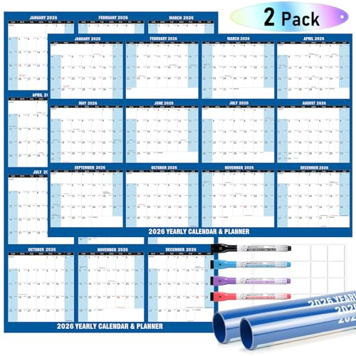 2PCS 24x36 2026 Wall Calendar, Large Yearly Annual Planner, Wet & Dry Erase Laminated 12 Month, Reversible (Blue)